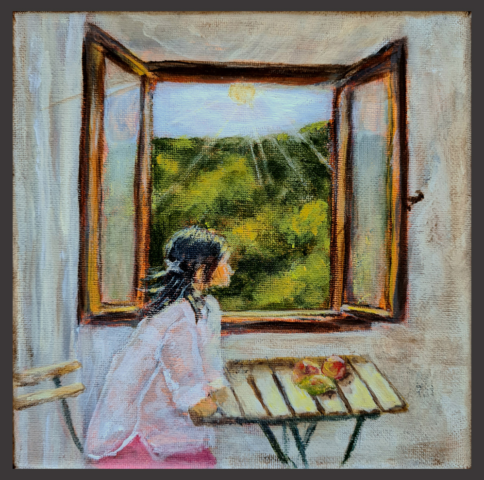 "Am Fenster", Acryl auf Leuinwand, 15 x 15 cm