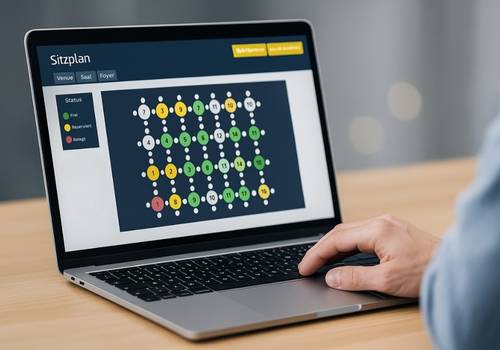 Auf dem Bild ist ein Laptop zu sehen, der auf einem Tisch steht. Eine Hand bedient den Laptop. Auf dem Laptop ist ein digitaler Sitzplan einer Veranstaltung zu sehen.