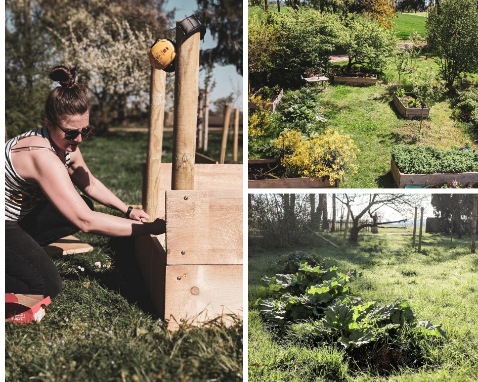 Selbst ist die Frau-Steffi beim Hochbeetbau (links). Bauerngarten heute (rechts oben) und vor einem Jahr (rechts unten).