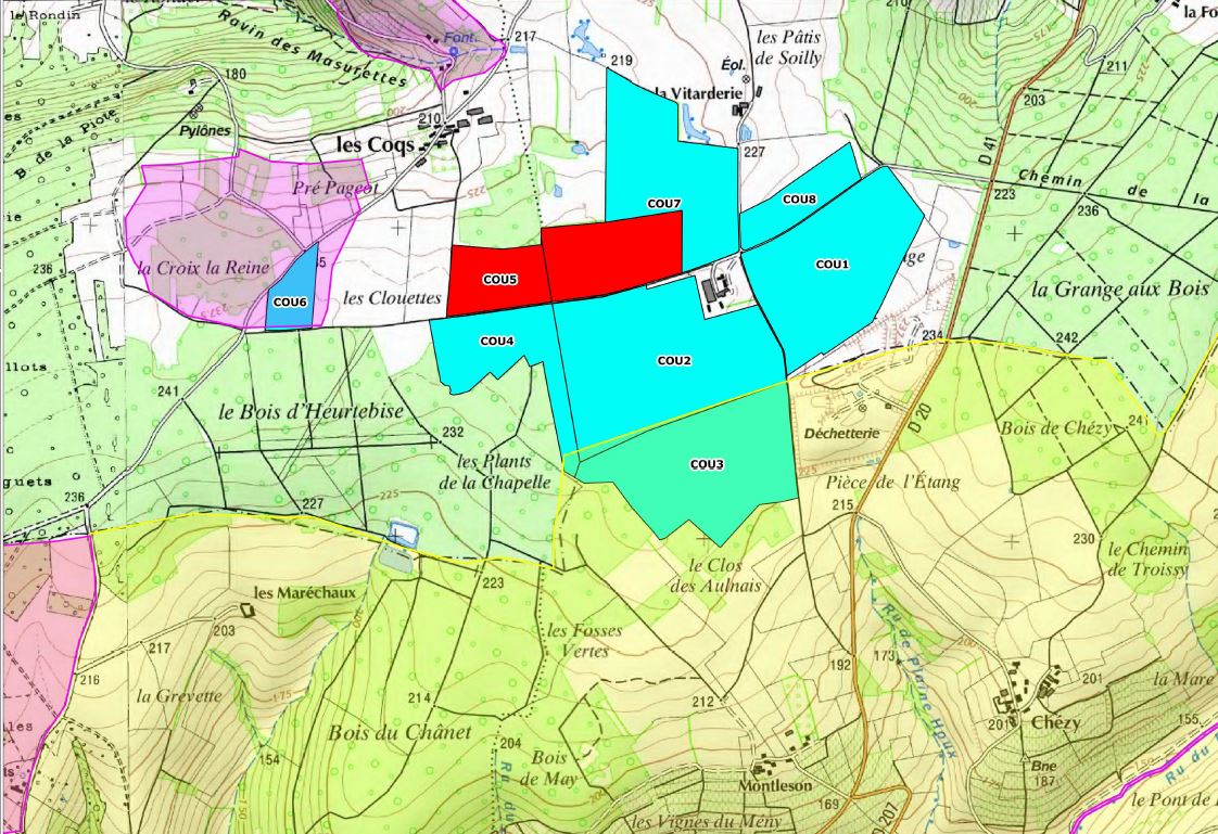 Le plan d'épandage des fientes sur les communes de Dormans, Courthiézy (51) et Vallées-en-Champagne, village de La Chapelle-Monthodon dans l'Aisne (parcelle siglée COU3).