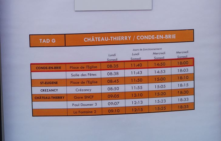 Les horaires en vigueur sur la ligne TAD G Château-Thierry / Condé-en-Brie.