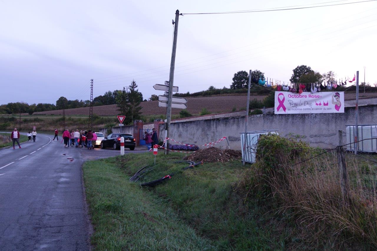La guirlande de soutiens-gorge et la banderole réalisée par l'enseigne Alpha'Désif de Brasles annoncant la mobilsation de la commune, sont situées en bordure de la RD 20, en direction d'Artonges.