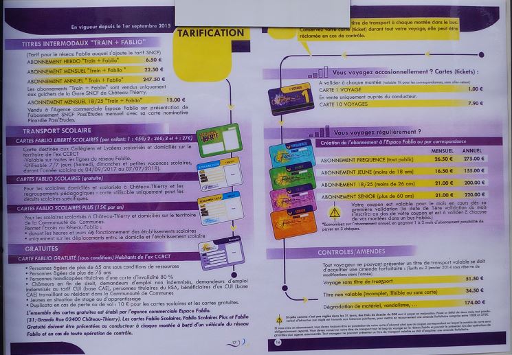 La tarification en vigueur sur le réseau de transport Fablio.