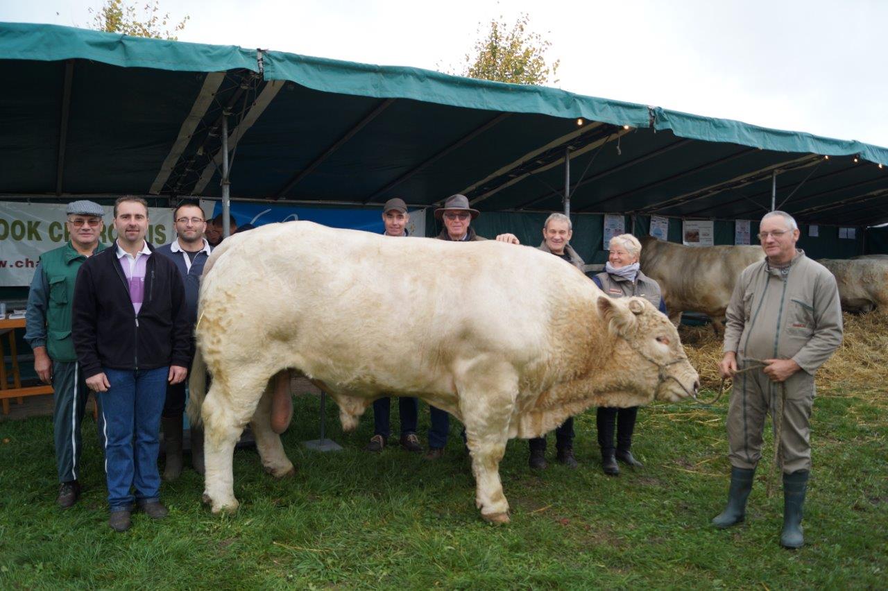 Les adhérents de l'Association des éleveurs Charolais de la Marne et d'Ile de France entourent Jamesbond, 4 ans, 1 500kg. Ce reproducteur aux nombreuses récompenses appartient à M. Joël Reser de l'EARL du Grand Broué à Chatillon-sur-Broué (51).