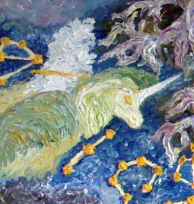 L'UNICORNO - particolare del dipinto NATA COSI' - 2011 olio su tela 100 x 120