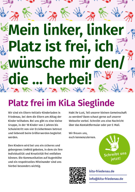 Flyer: Freier Kindergarten-Platz in der Kita Friedenau