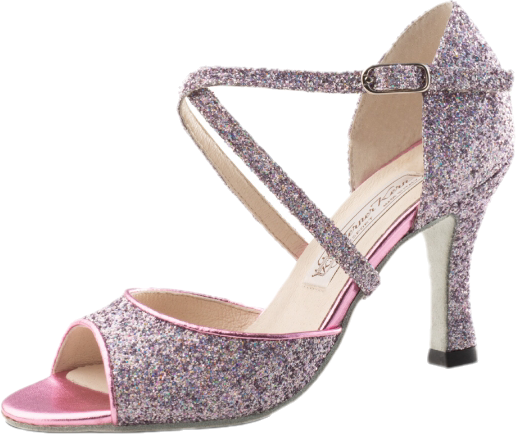 "Alina"Ins Auge springende Sandale in Pink glitzerndem Brokat und pinkem laminierten Ledereinfaß.Das Kreuzriemchen gibt perfektem Halt mit einem Absatz von 8cm für 154€