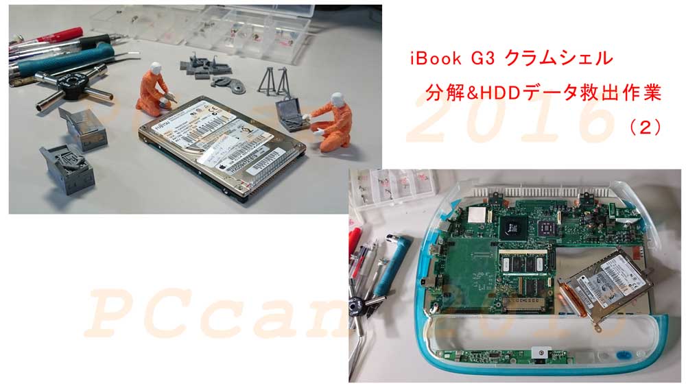 Macの可愛いクラムシェルを分解しHDDを取り出した、PCcanサービスのイメージ図です。