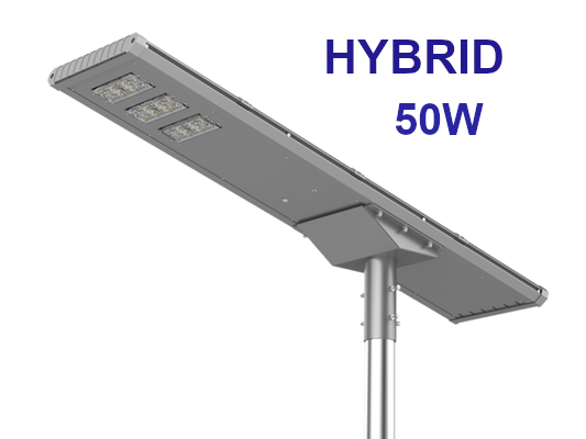 Hybride Led-solar straatverlichting armatuur met ingebouwde batterij en zonnepaneel 50W aansluiting voor op bestaand lichtnet, BBM Ledproducts
