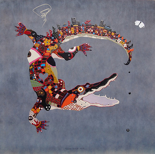 「明日はどっちだ」　アクリル・コラージュ・他／木製パネル　　80×80×5cm　2013