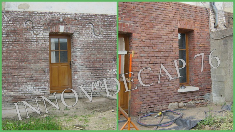 pour cette façade de 60 m², seulement 5 sacs de 33 kg utilisés, soit 2,75 kg/m² ! (pour mémoire 6 à 8 kg/m² avec un sablage classique).