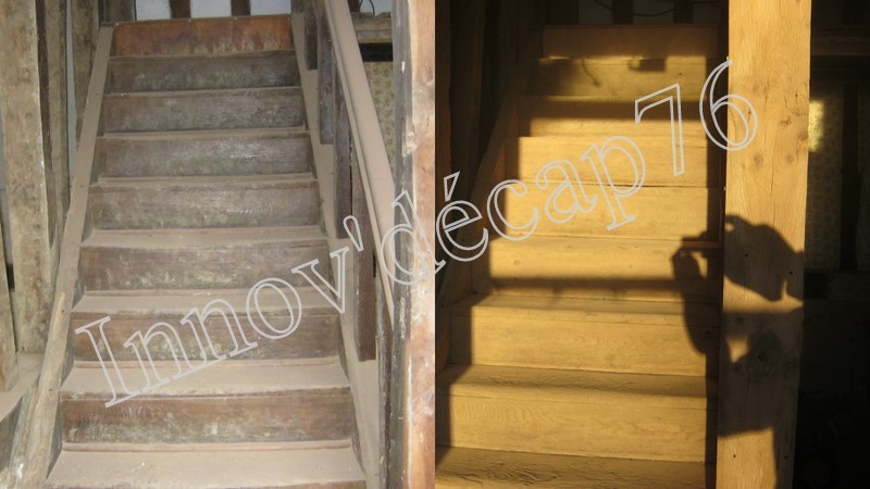 janvier 2013 Intérieur d'une maison à Bézancourt : escalier en bois