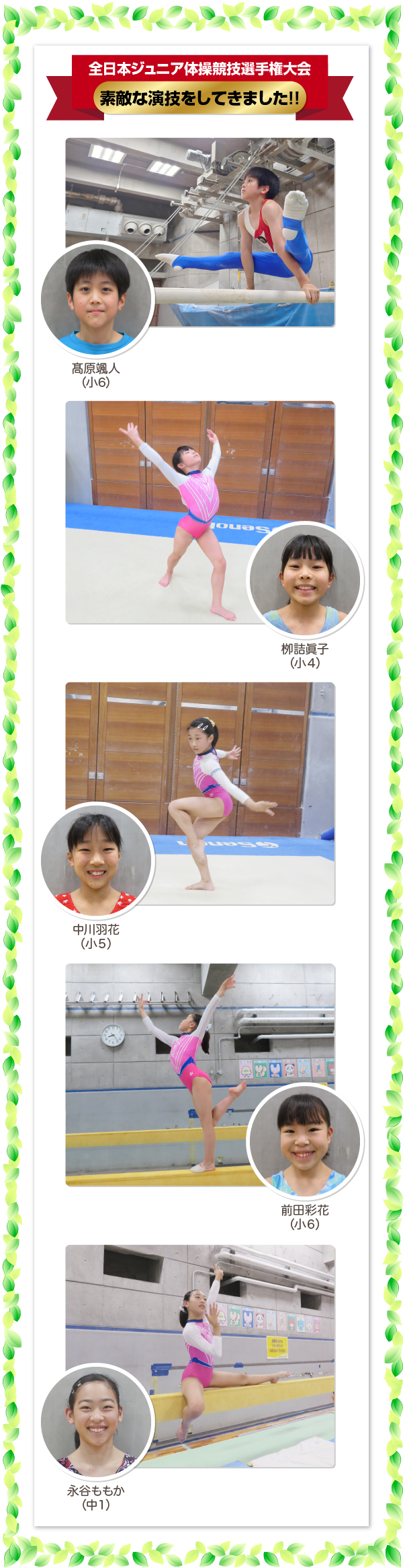 全日本ジュニア体操競技選手権大会 栁詰眞子 中川羽花 永谷ももか 髙原颯人 前田彩花
