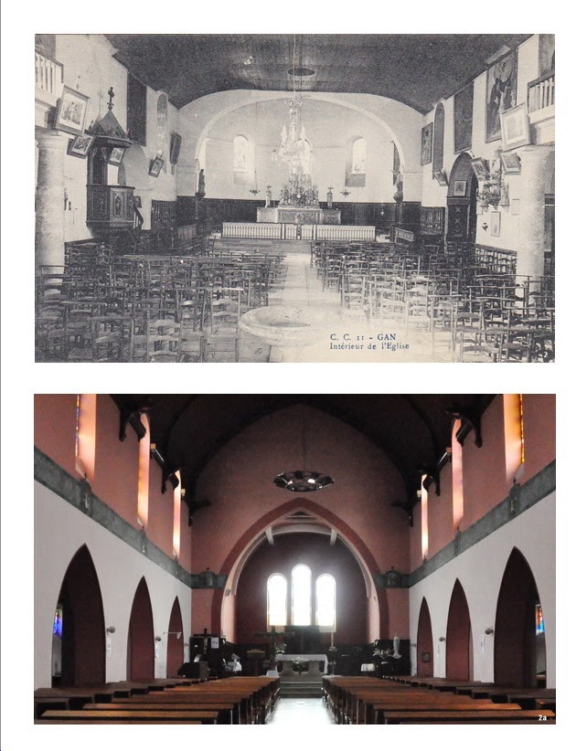 Le toit et le choeur ont brûlé en 1921 et 1931. L'autel du 18è est actuellement sur le bas-côté droit.