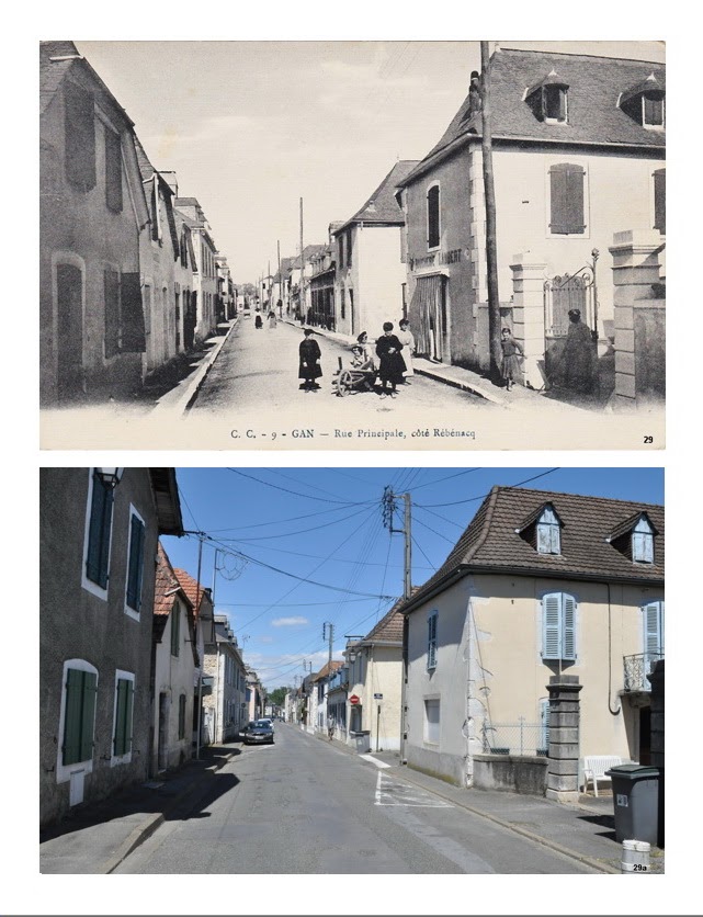 Rue d'Ossau. A droite, boucherie de Lambert Réchencq. Au n° 46, avant Pyrénées Ménager était le magasin de confection d'Irène Léris. Cette maison du 18è siècle abritait auparavant le cordonnier Barthélémy.