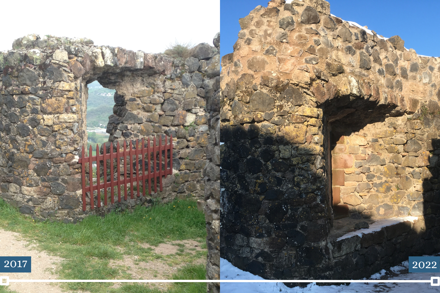 Avant/après - 1ère tour de la courtine nord, Château de Calmont d'Olt, Espalion, Aveyron 