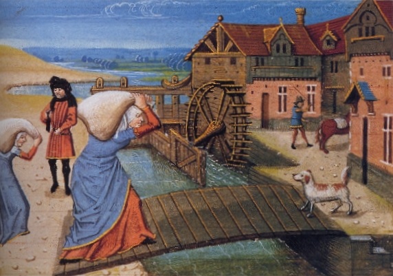 A la campagne, on emmène son grain au moulin à aube. Miniature du Rustican de Pietro De crescenzi, seconde moitié du XVe siècle.