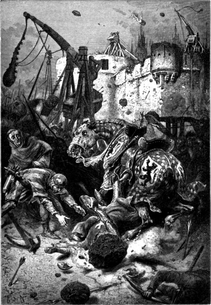 Reconstitution du siège de Toulouse en 1218, mort de Simon de Montfort, gravure d'Alphonse Marie de Neuville, 1883