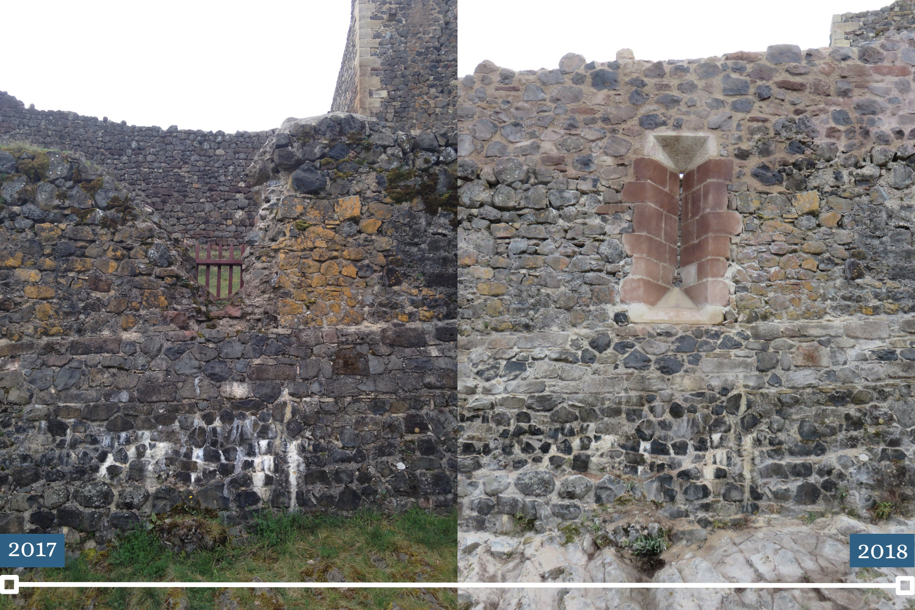 Avant/après - Archère nord extérieur, Château de Calmont d'Olt, Espalion, Aveyron 