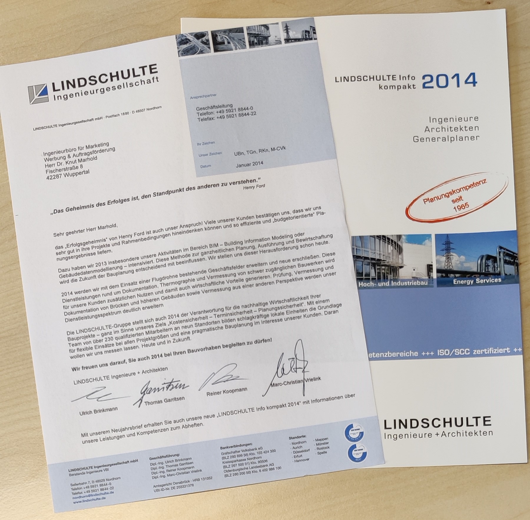 Neujahrsbrief LINDSCHULTE Ingenieure Architekten Generalplaner - mit kompakt-Flyer (Idee/Text/Layout: marketingINGenieur)