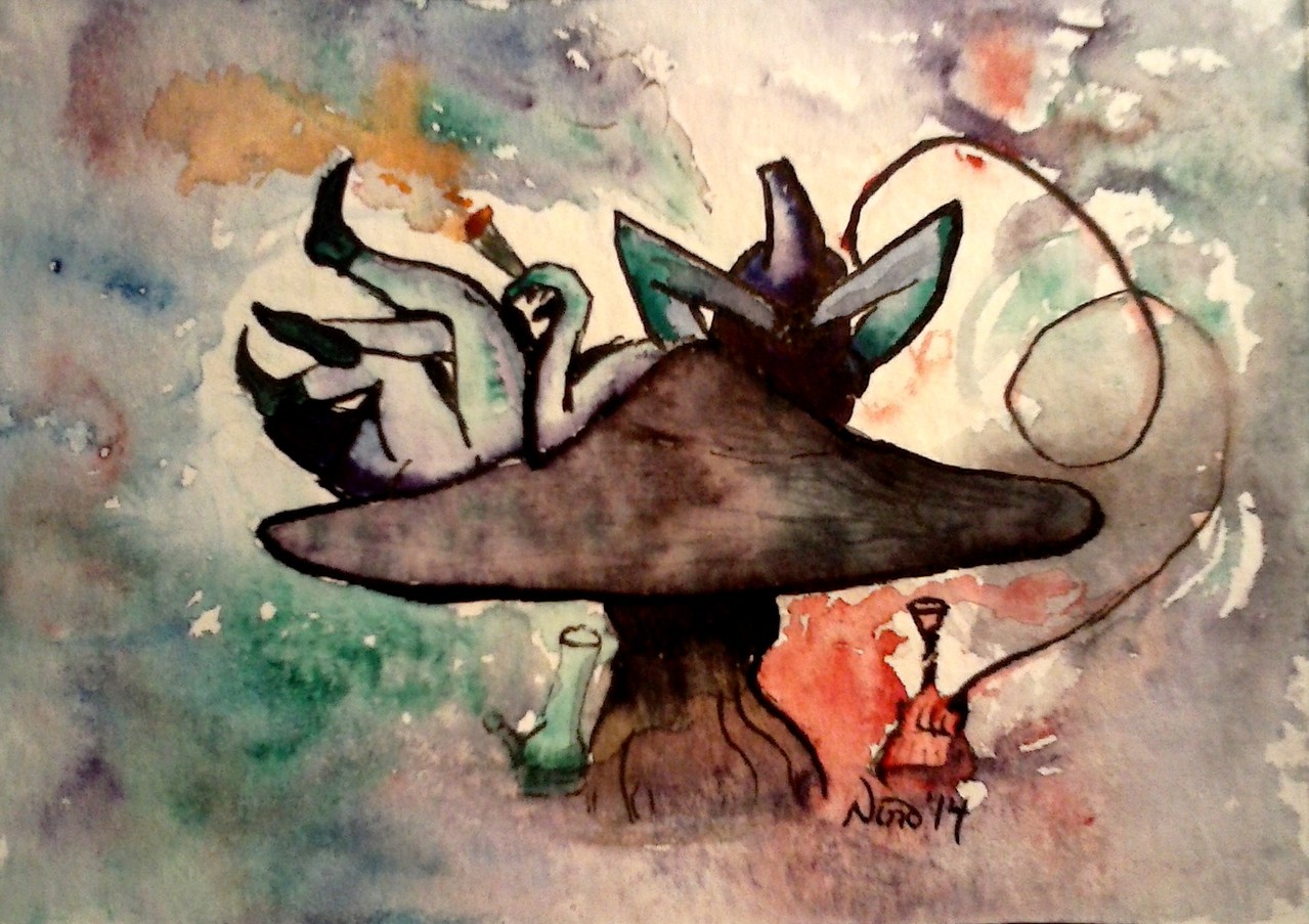 "Die Raupe", Karikatur, Tusche, aquarelliert, 2014