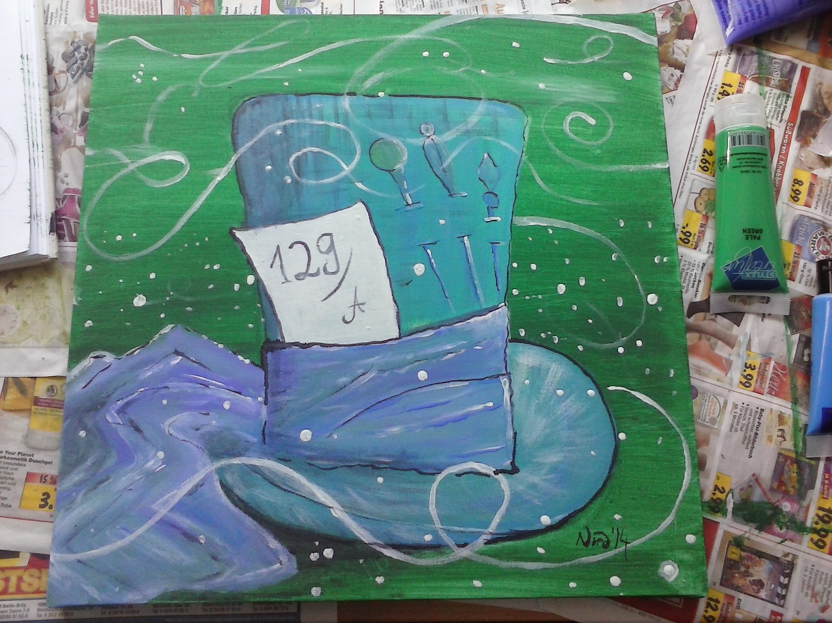 "Der Hut des Hutmachers" - Acryl, Tusche, Leuchtfarbe - 40x40 - 2014