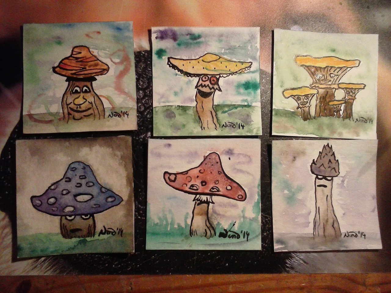 "Pilzsammmlung", Karikatur, Tusche, aquarelliert, 2014