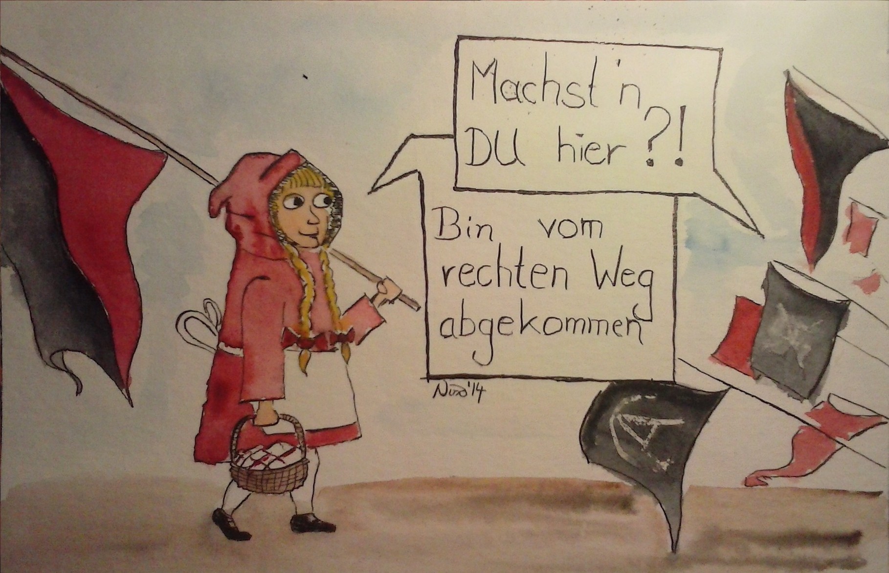 "Rotkäppchen", Karikatur, Tusche, aquarelliert, 20x30, 2014