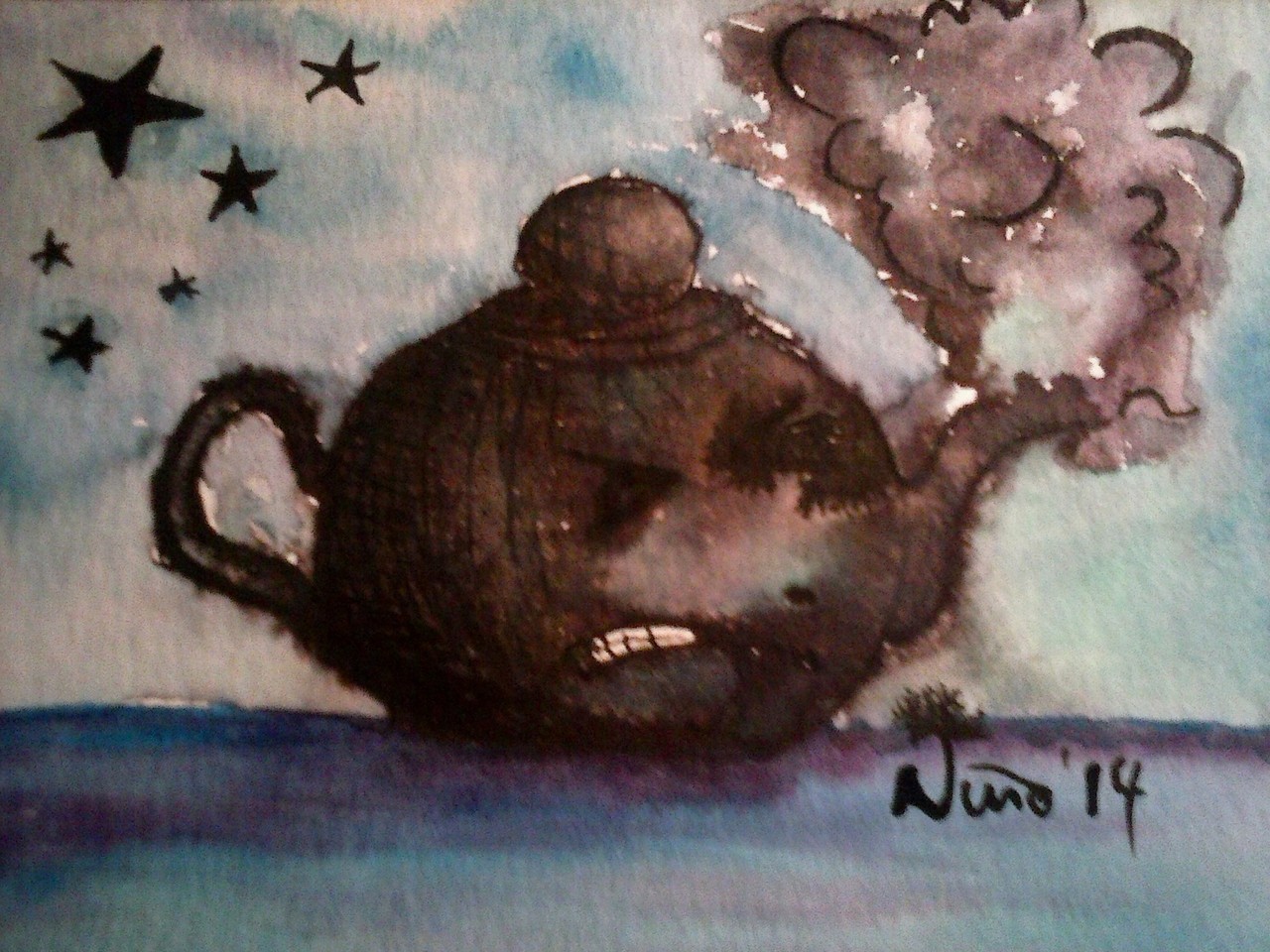 "Teekanne" , Karikatur, Tusche, aquarelliert, 2014