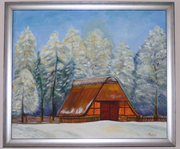 verschneite Hütte 50x70 cm mit Rahmen