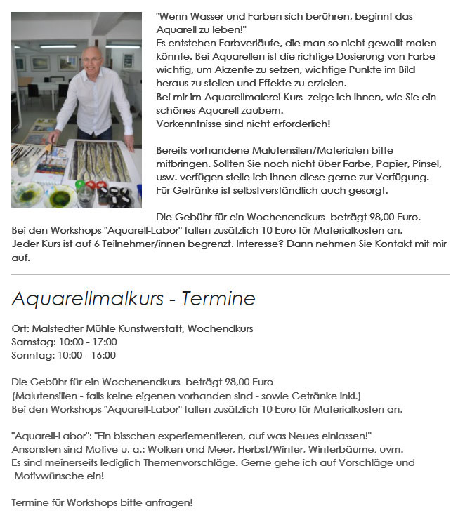 Gebühr 98 Euro plus 10 Euro Materialkosten beim Workshop Aquarell-Labor