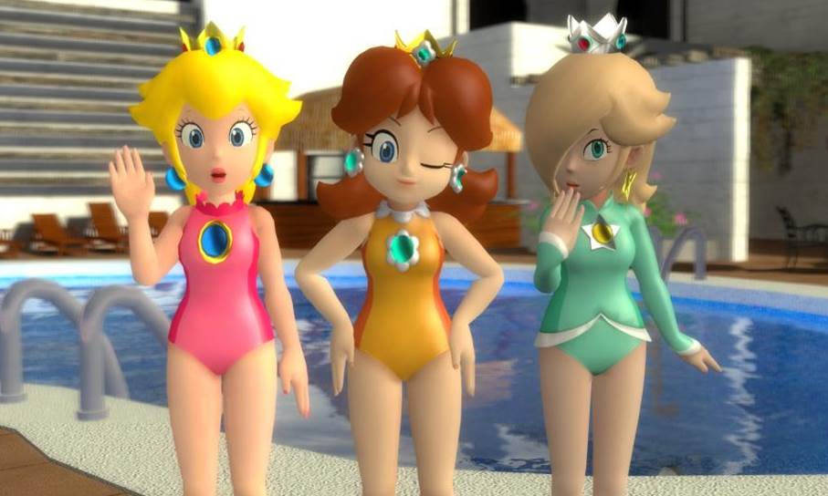 Die 3 Mario-Prinzessinen in Badeanzügen.