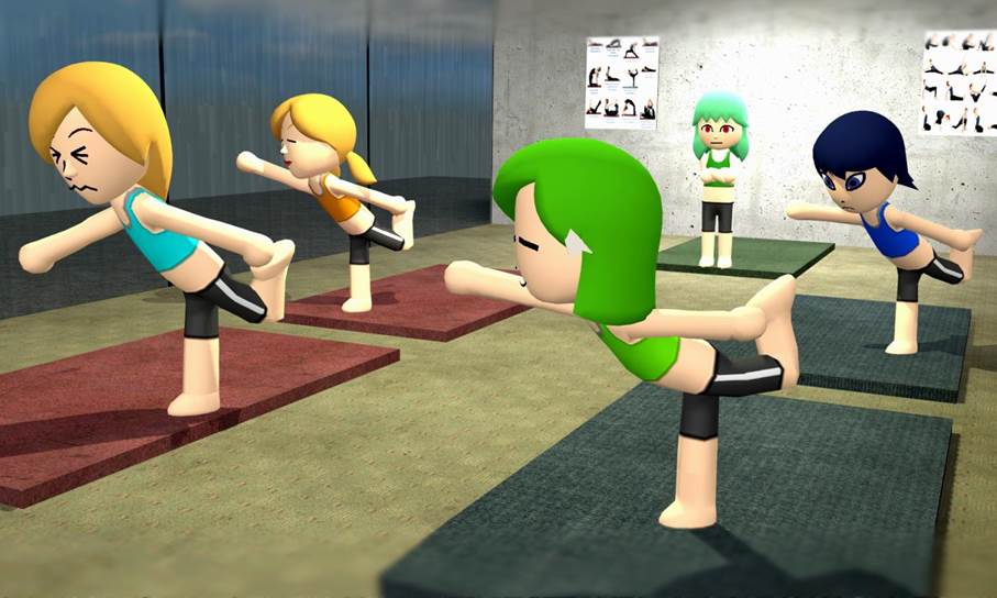 Weibliche Mii-Charaktere versuchen Yoga.
