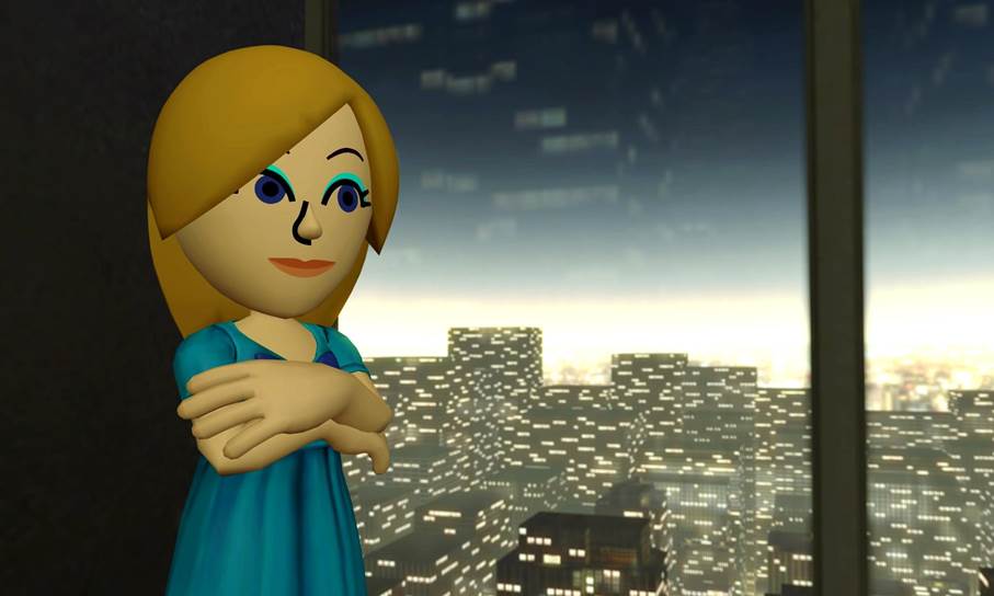 Rosalina (Mii) mit einem Ausblick in die Stadt.