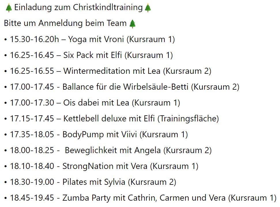 Christkindl-Training im INJOY am 9. Dezember