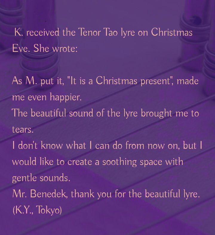 K。はクリスマスイブにテノールタオの竪琴を受け取りました。彼女はこう書いた:M。が言ったように、「クリスマスプレゼントです」とさらに幸せになりました。竪琴の美しい音に涙が出ました。これからは何ができるのか分かりませんが、優しい音で心安らぐ空間を作りたいと思っています。ベネデクさん、美しい竪琴をありがとう。（ケー。Y.、テノール・タオライアー、東京）