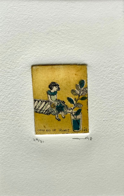 スイカ大サイズ❗️手作り額付き銅版画応用レア絵画　title「てこてこニャンコ」 額付き銅版画応用絵画title「てこてこニャンコ」