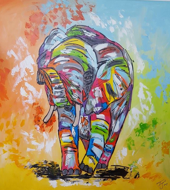 Young African elephant, acrylic 90-90 cm. Prijs: op aanvraag