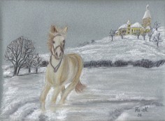 Pferd im Schnee, Pastellkreide
