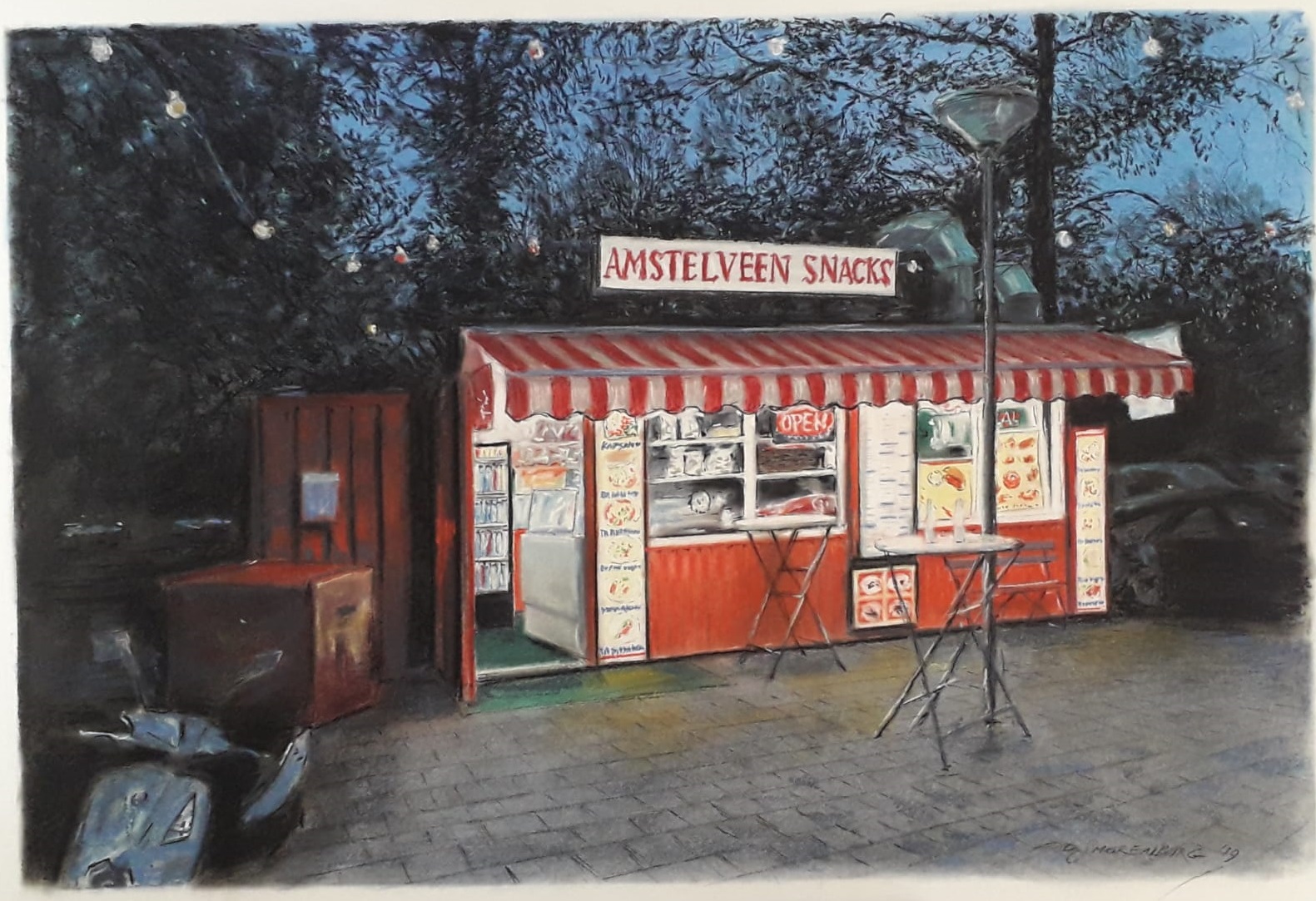 Amstelveen Uilenstede| Snackkar bij westelijke ingang Uilenstede | Techniek: softpastel | Formaat afbeelding 60 x 90 cm - formaat lijst 70 x 100 cm