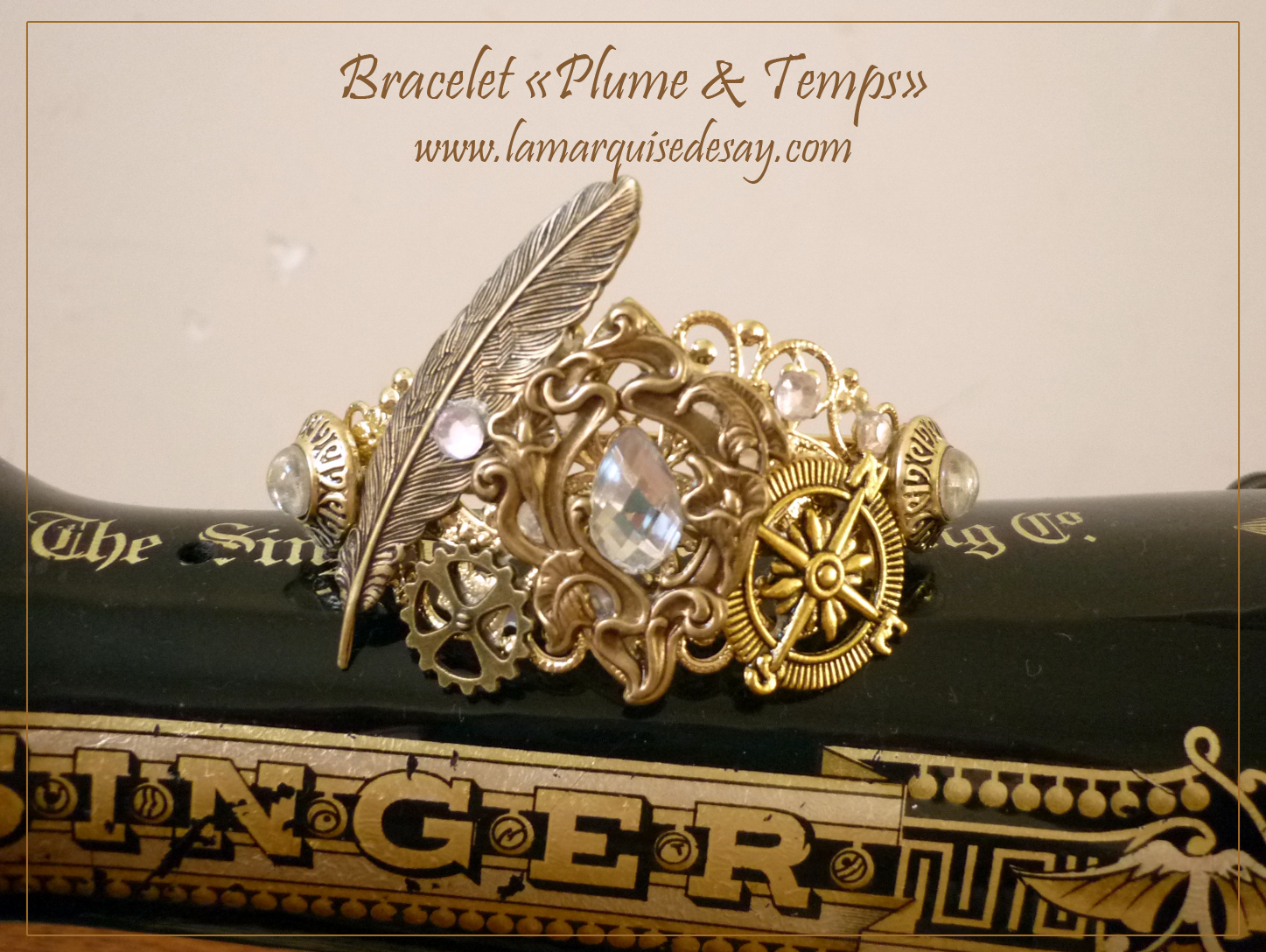 Bracelet Plume & temps, style steampunk (EN VENTE)