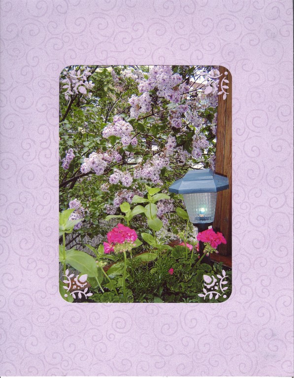 Page fabriquée en scrapbooking avec une photo d'un jardin.