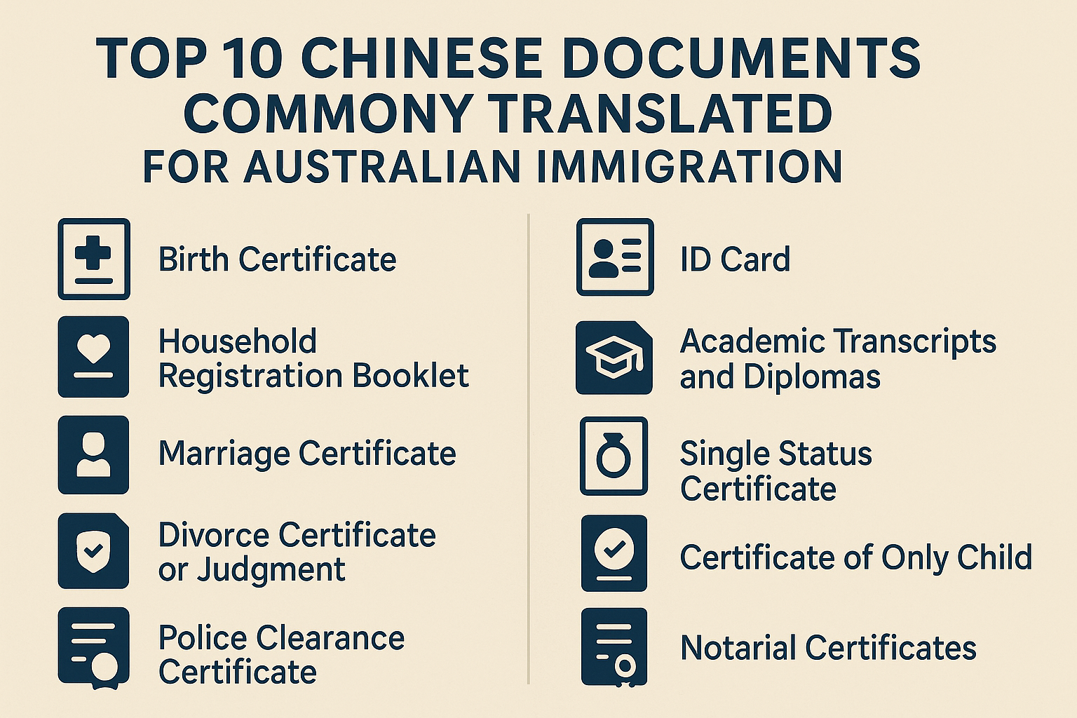 Top 10 Chinese Documents Commonly Translated for Australian Immigration