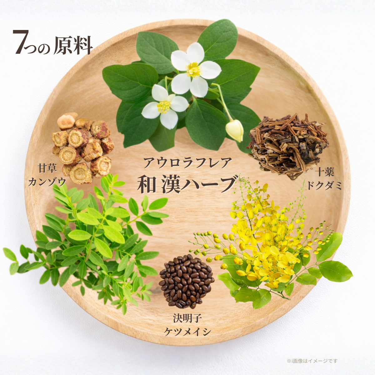 ７つの原料：国産ハーブの甘草・十薬・決明子の画像