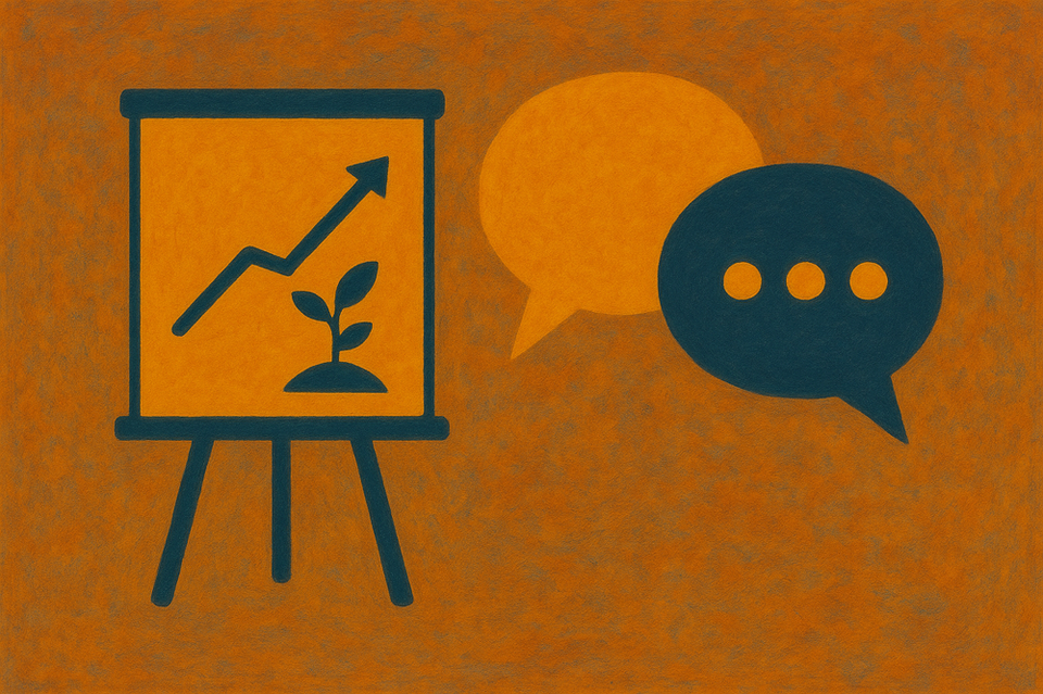 Ein Flip-Chart mit einem nach oben weisen den Graphen und Sprechblasen. Symbolhafte Darstellung für das Thema Coaching in Gladbeck, psychologische Beratung und Psychotherapie