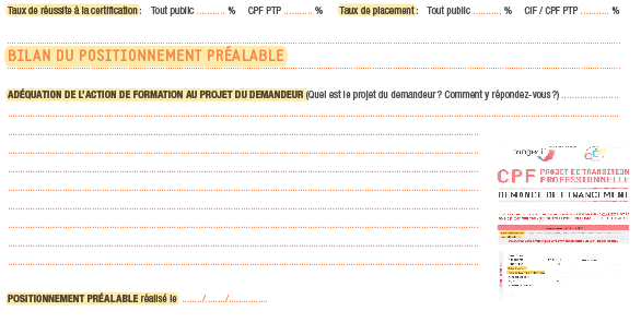 Extrait "positionnement préalable" du dossier CPF de transition à remplir - des évolutions en continue