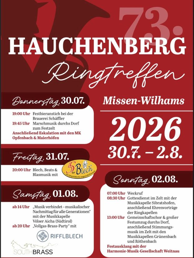 Musikfest Hauchenbergring in Missen-Wilhams vom 30.07. bis 02.08.2026