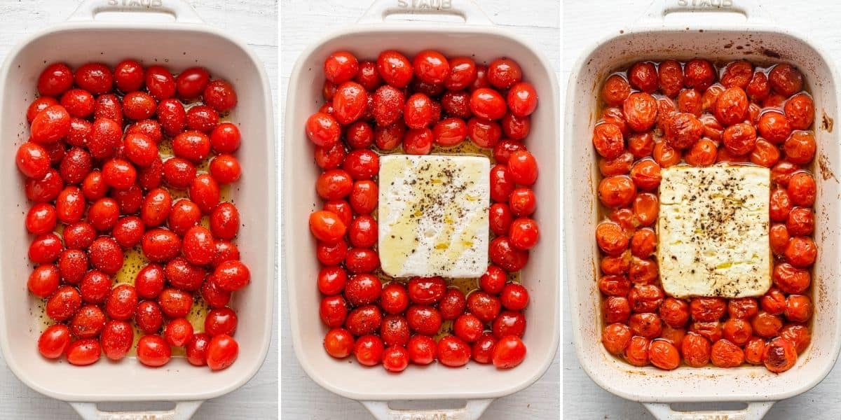 2-4 EL Olivenöl, 400 g Cherrytomaten, 180 g Feta, 1 EL Oregano getrocknet (oder italienische Kräuter), 1 Pr. Salz