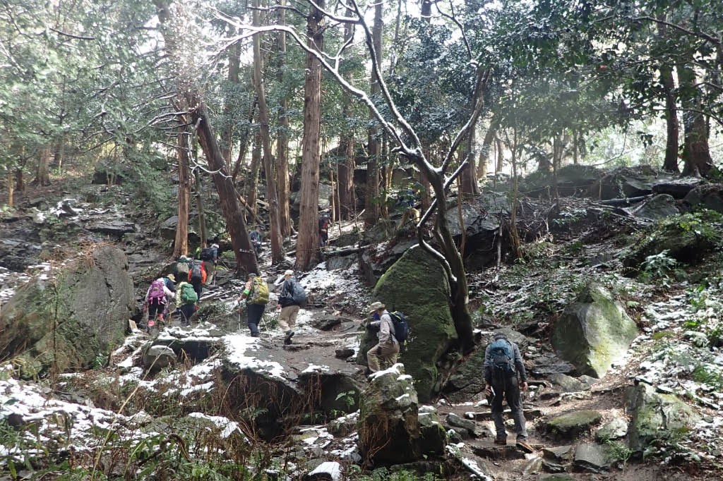 昨日の雪残る沢沿いの登山道を行く