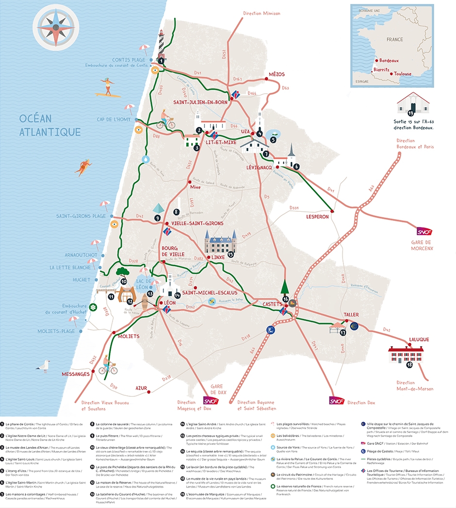 A map of the beaches and local communes of Les Landes (40) around Belle Epoque estate